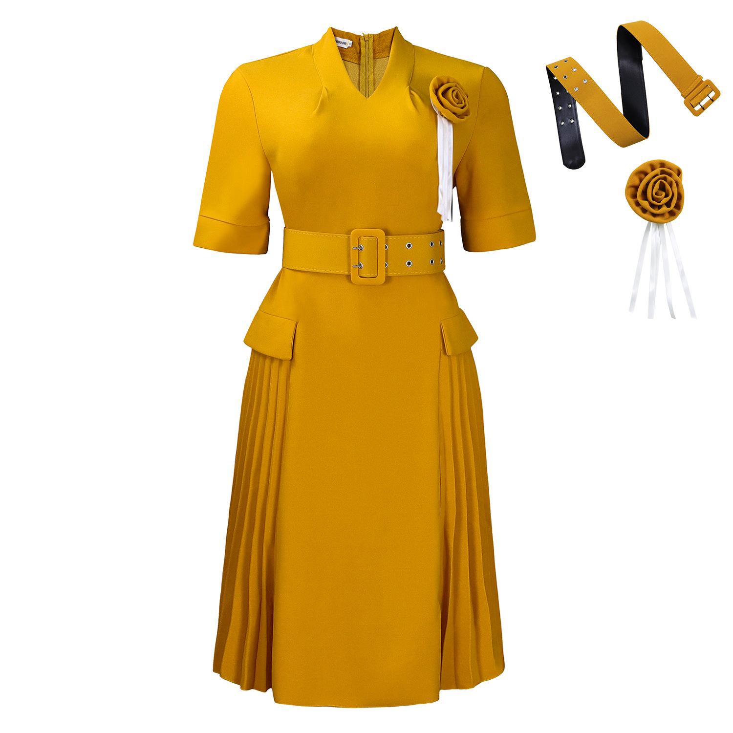 

Women s new fashion temperament V-neck solid color large size pleated high waist dress XXXL