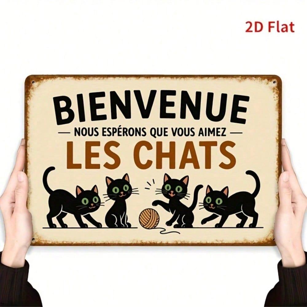 Vintage French Cat BIENVENUE Metal Wall Art Decor for Living Room Kitchen