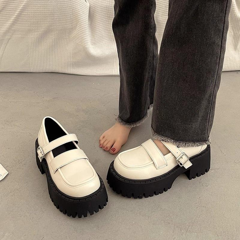 Plateauschuhe aus Leder im britischen Stil für Damen, schwarz, dicker Absatz, High Heels, Jane, Einzelschuhe, Halbschuhe