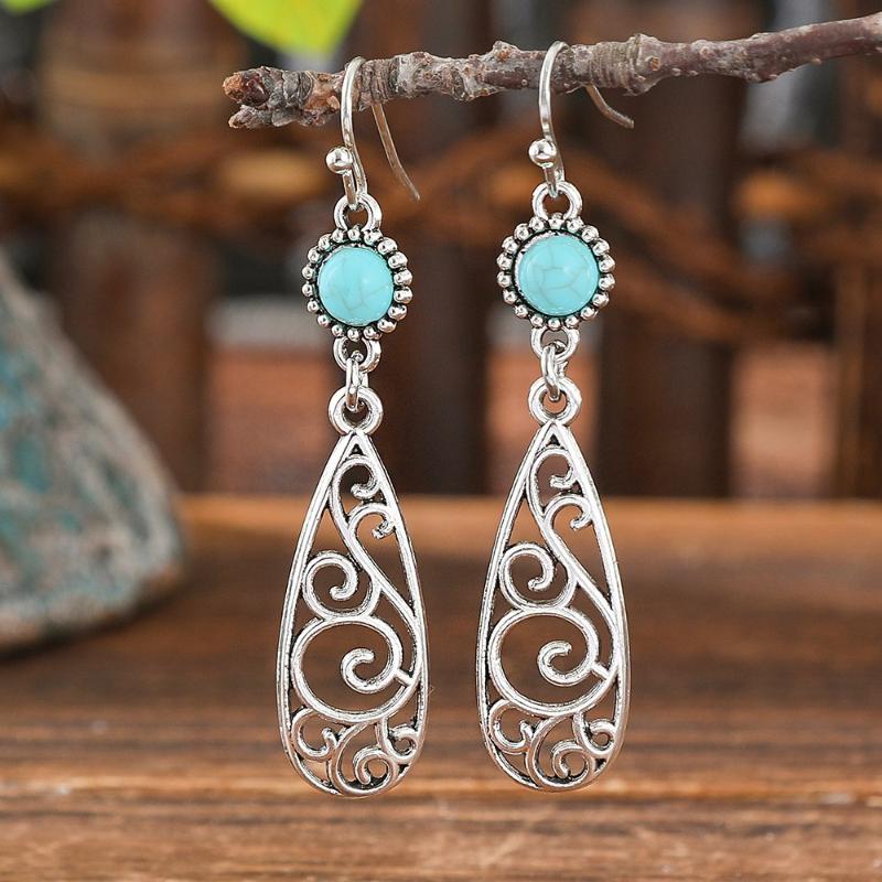 Bohemian Turquoise Dangle Earrings Vintage Silver Tree Of Life Teardrop Spiral Ethnic Drop Earrings For Women Jewelry