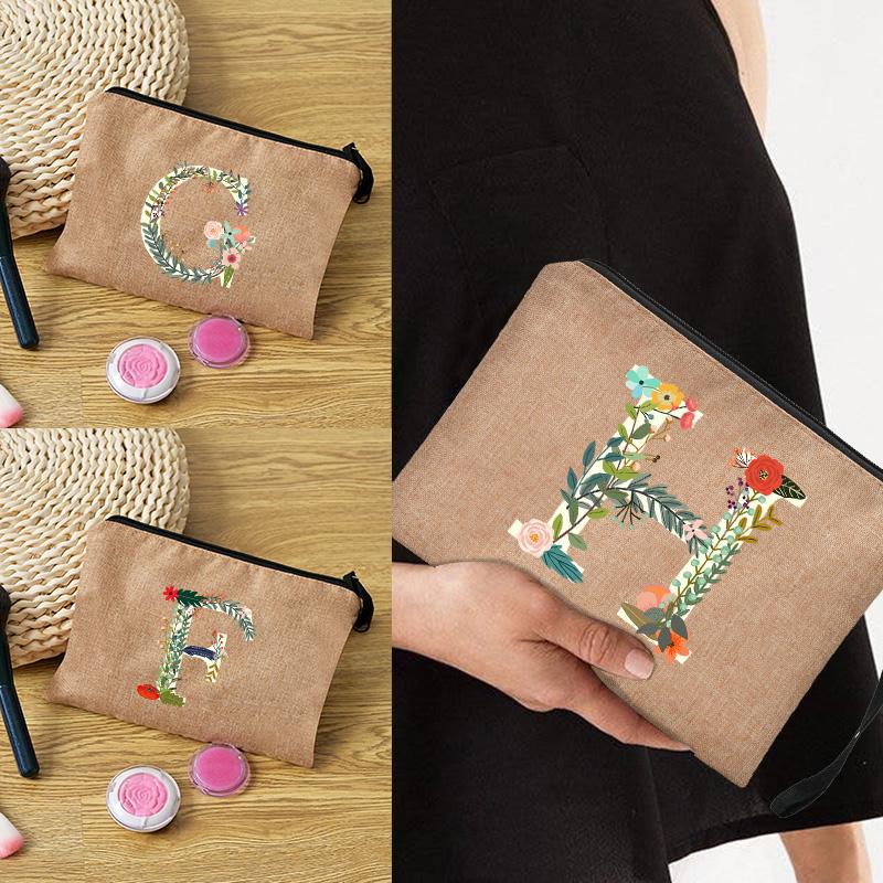 26 Letters Floral Women Cosmetics Woman Zipper Pouch Fashion Women Linen Cosmetic Bags Travel Portable Makeup Bag Cosmetic Bag