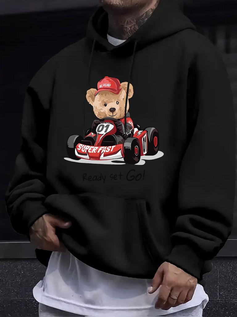 American And European Style unisex Fall Winter Print Hoodie Long Sleeve Sweatshirt, Go-Kart Racing Bear Pattern Hooded Print Sweatshirt, Childlike Ene