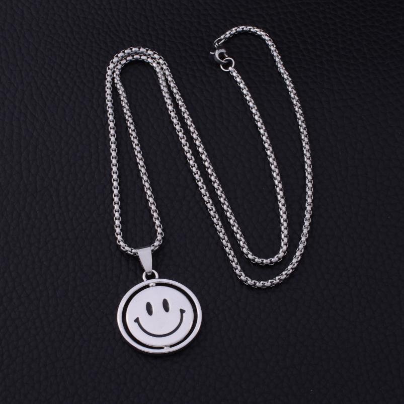 Hip Hop Double-Sided Smiley Face Necklace - Trendy Titanium Steel Sweater Chain for Men & Women