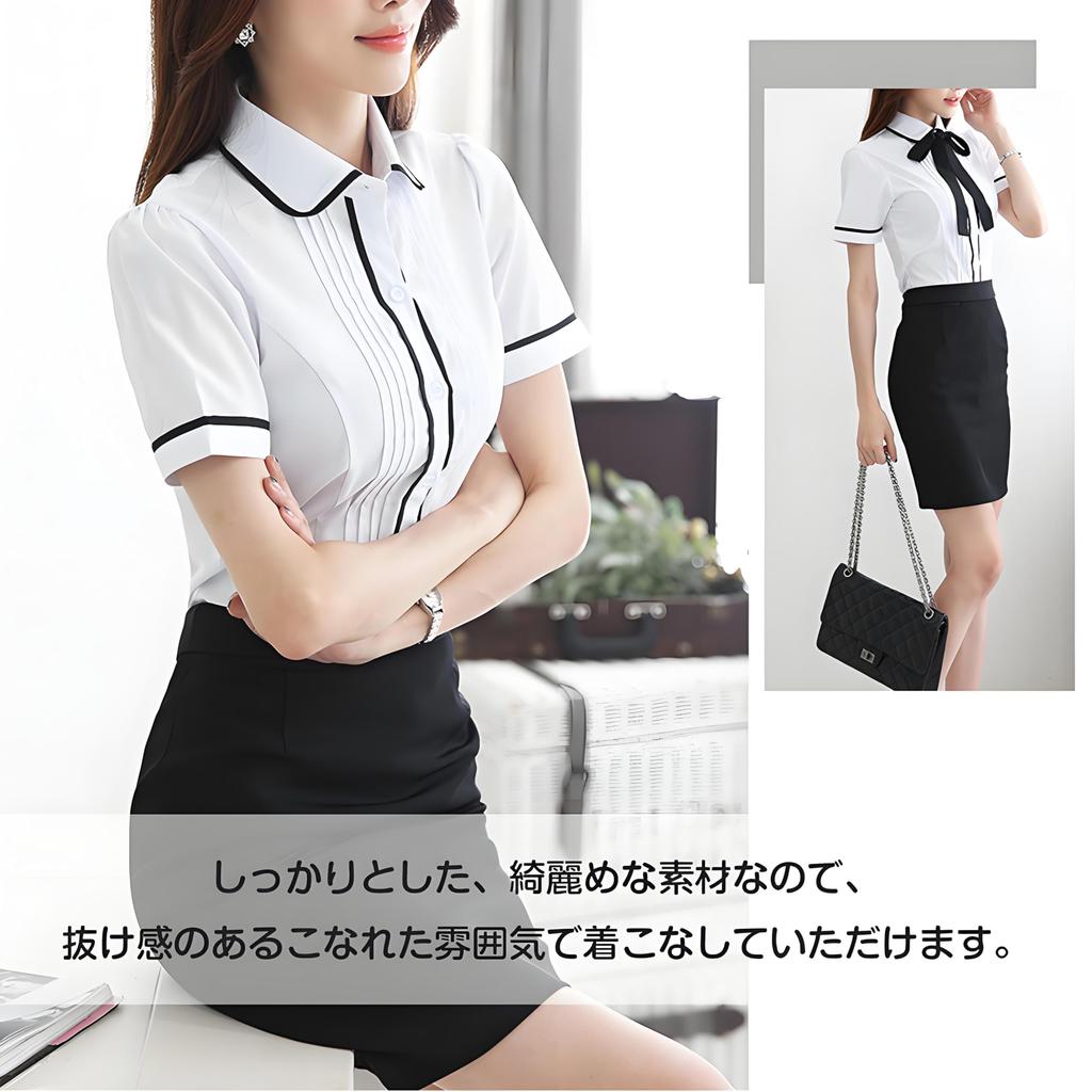 Shirt with Short Front Office XL [Bolan Verl] Ribbon, Women's, Sleeve, Blouse, Ribbon, Tie, Collar, Stylish, Opening, Summer, Office, Commuting, Wear,