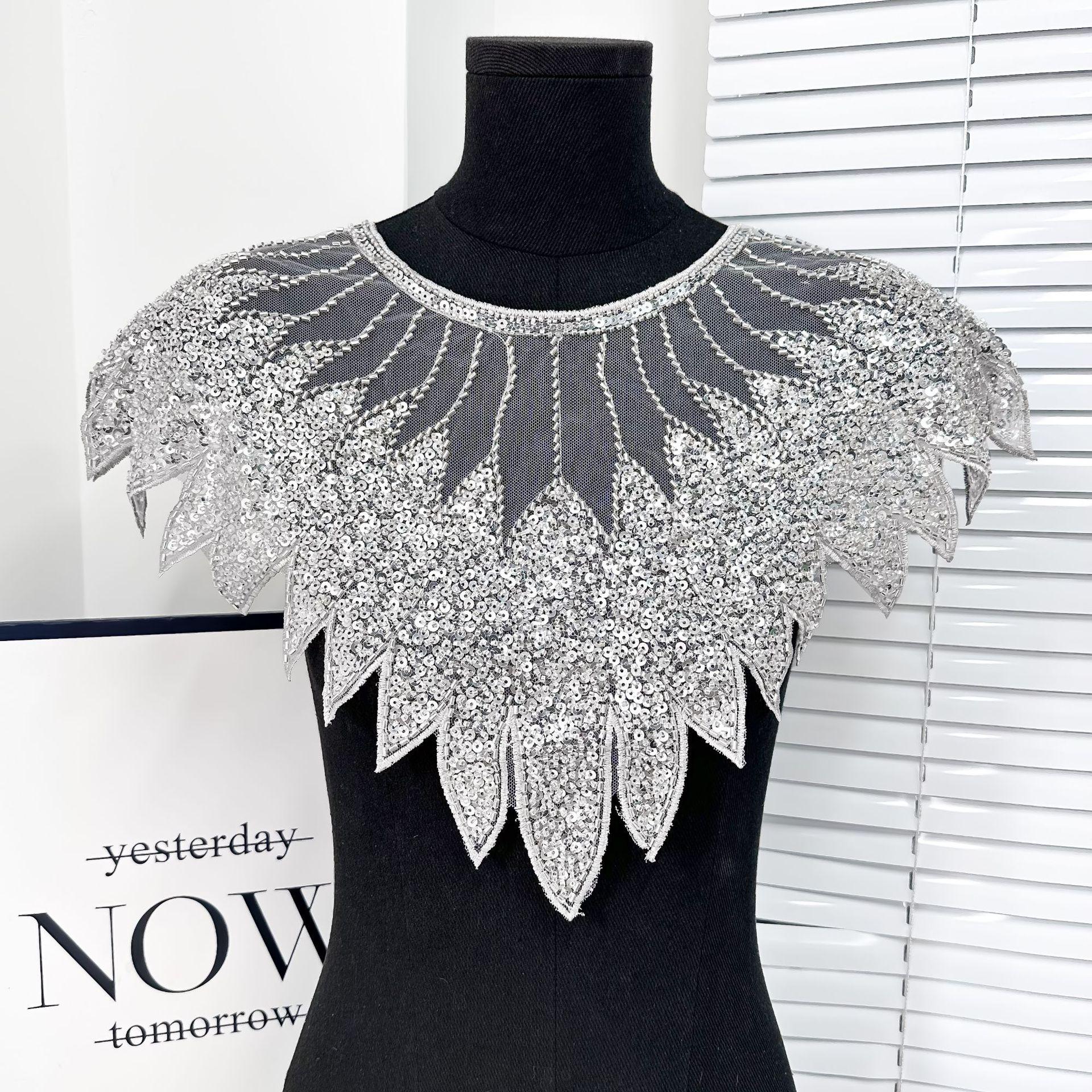 

Блестящий кружевной вырез с аппликацией из бисера, нашивка на вырезе, имитация воротника, блестки, кружевной воротник, шитье серебряный