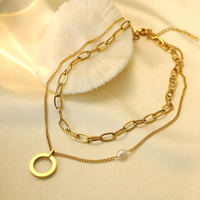 Simple Office Worker Commuter Simple Titanium Steel Double Layer Stacked Wear With Pearl Ring Pendant Jewelry Necklace Women