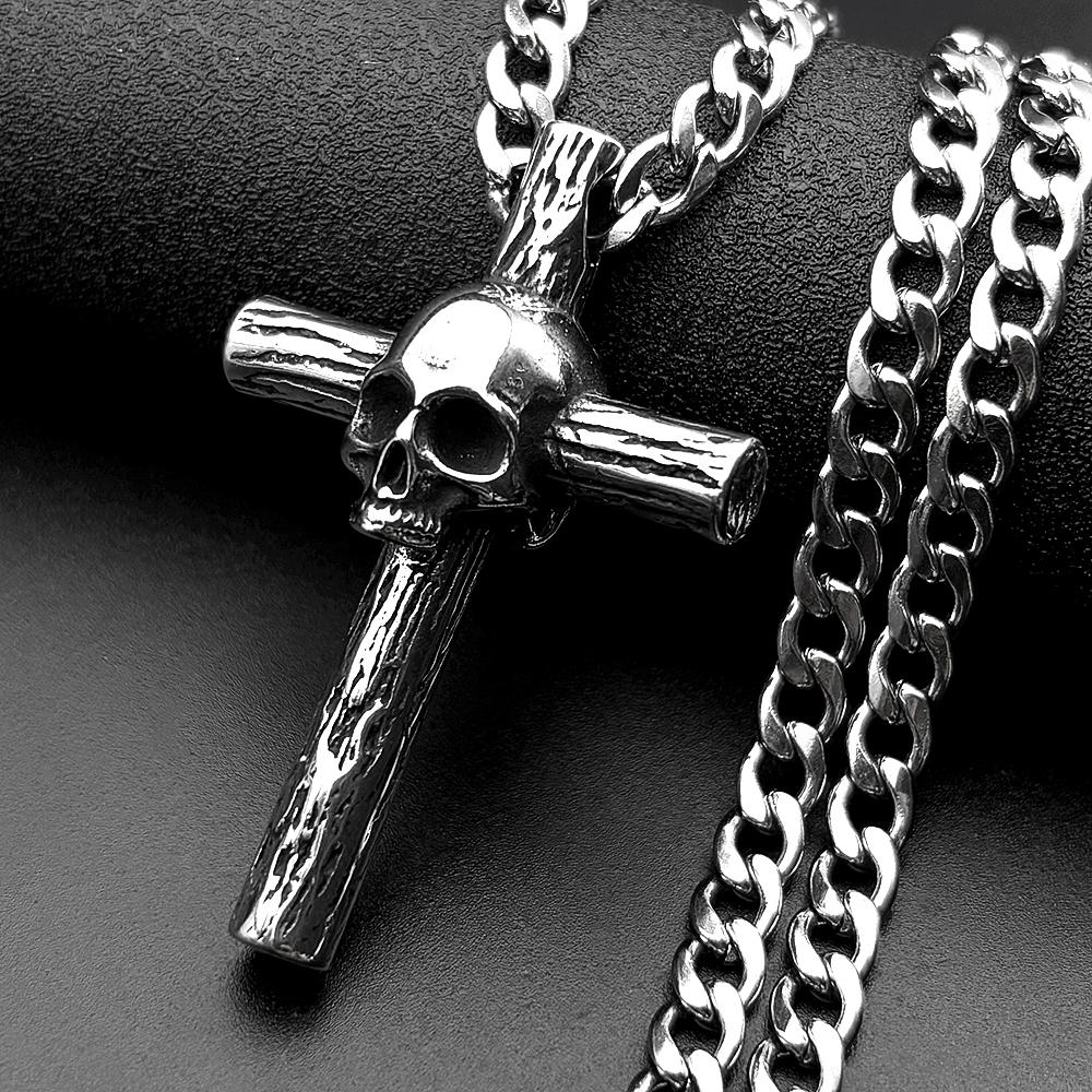 Gothic Stainless Steel Skull Wood Textured Cross Pendant Necklace For Men Women Punk Hip Hop Silver Color Chain Party Jewelry