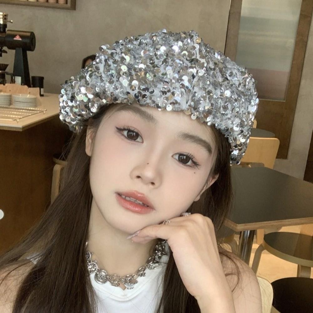 Sparkling Fashion Painter Hat Trendy Lady Octagonal Cap Glitter Sequin Beret Outdoors Activities
