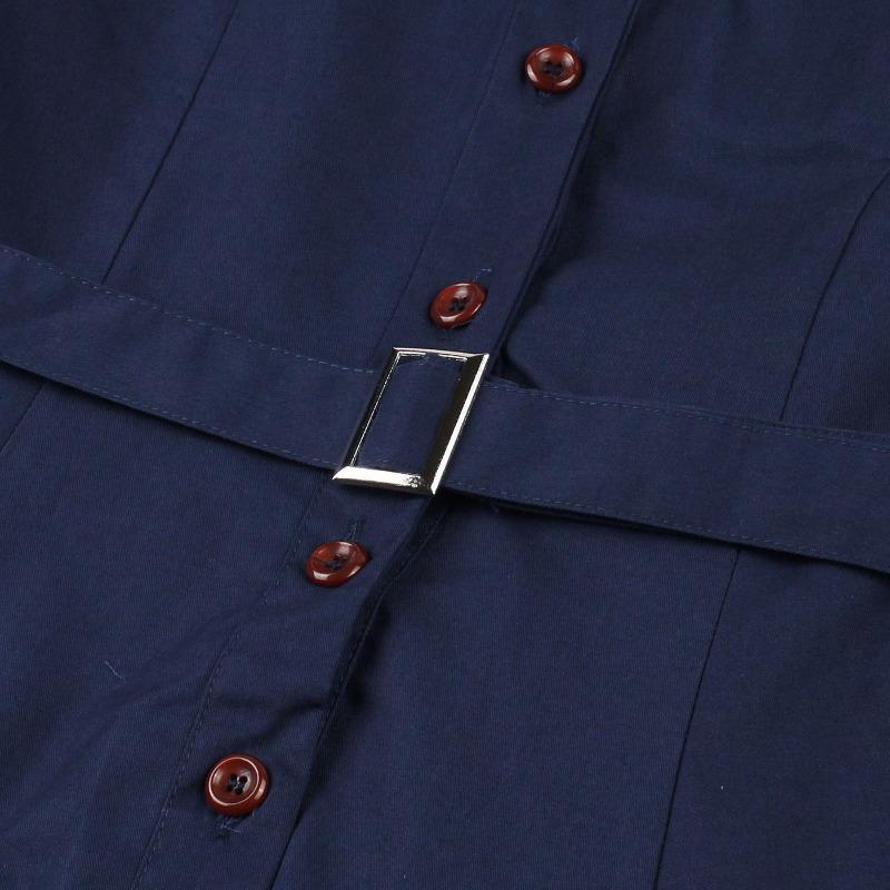 Women's Single-Breasted Wide-Skirted Retro-Style Waist-Cinched Solid-Colour Dress