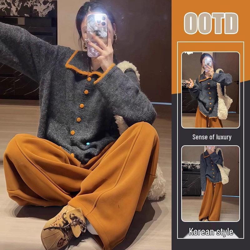 

2025 Autumn/Winter Korean Chic Loose Knit Sweater & High-Waisted Wide-Leg Pants Two-Piece Set M (80-100 jin)