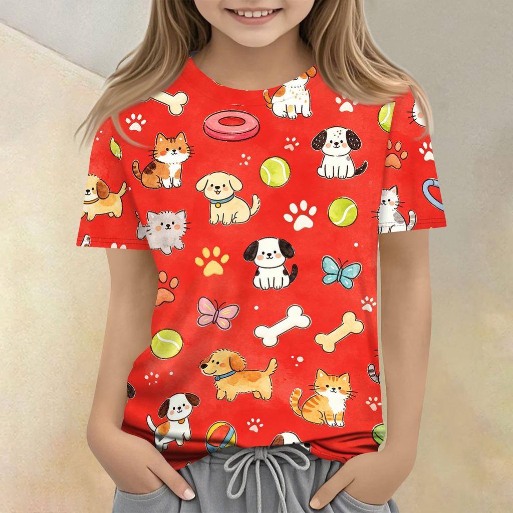 Kids Animal Print Crew Neck Short Sleeve Casual Loose Fit T Shirt Top for Children Boys Girls Summer Wear