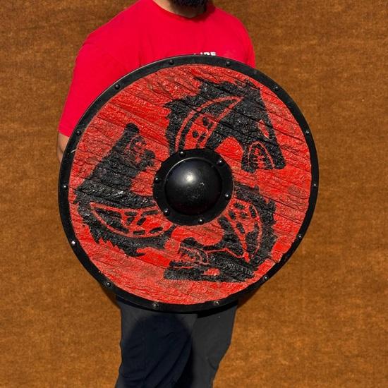 60.96 Cm Fenrir Red  Eivor Raven Authentic Battleworn Viking Shields Handcrafted from Bark, Norse Masterpieces
