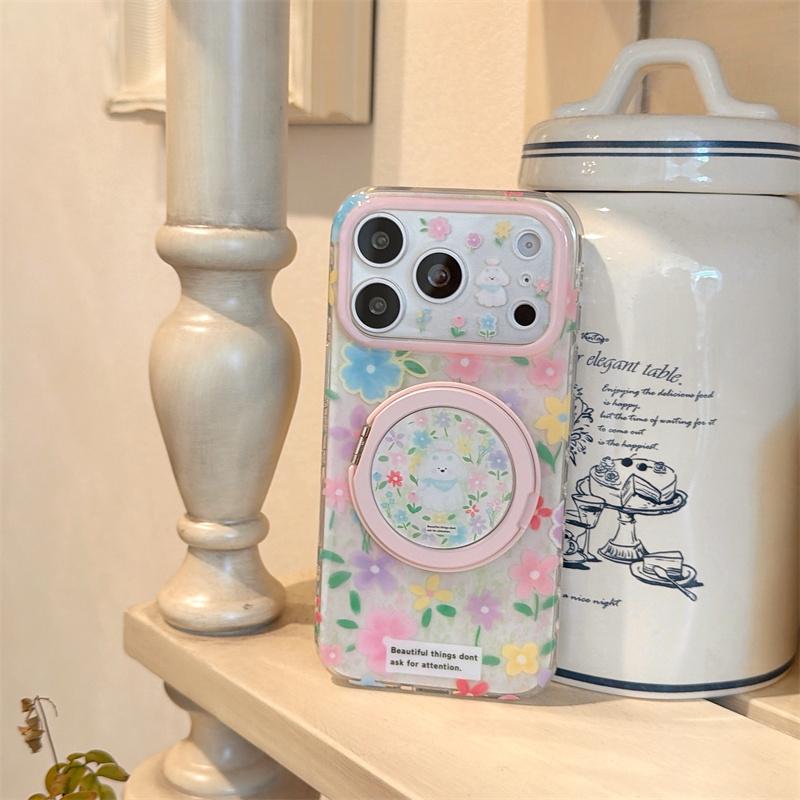 Kawaii Floral Puppy Ring Stand Phone Case For iPhone 15 16 17 Pro Max INS Cute Pink Glitter Clear Shockproof Protective Cover