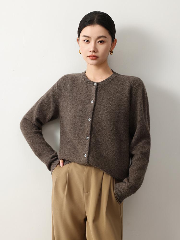 Yak Wool Women's Round Neck Cardigan - 2026 Autumn/Winter Solid Color Single-Breasted Sweater, Elegant Style