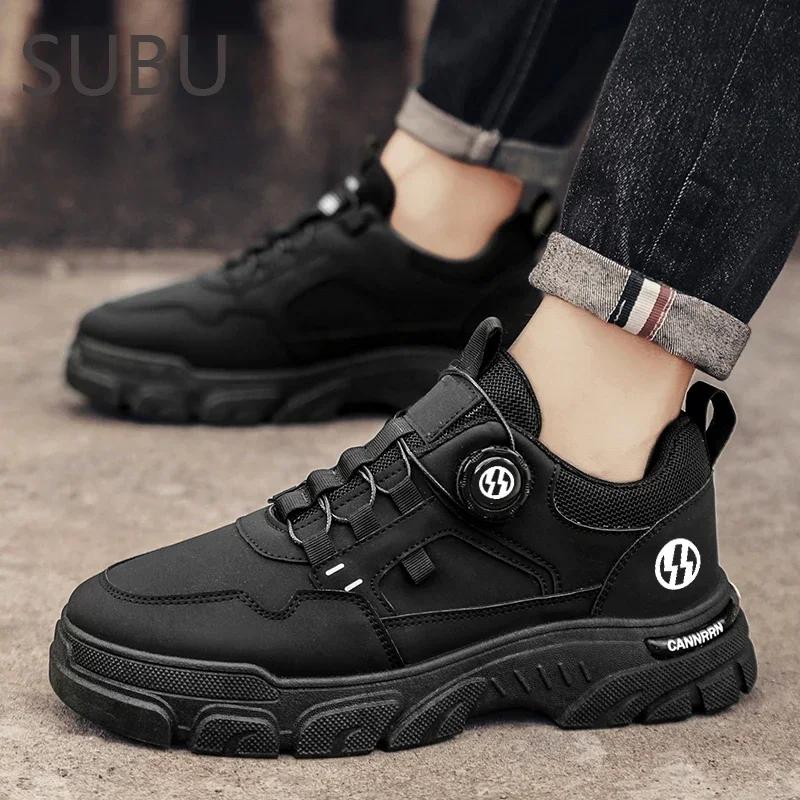 British Style Outdoor Men Casual Shoes Rotating Button Fashion Motorcycle Shoes Versatile Men Work Shoes Comfortable Sport Shoes