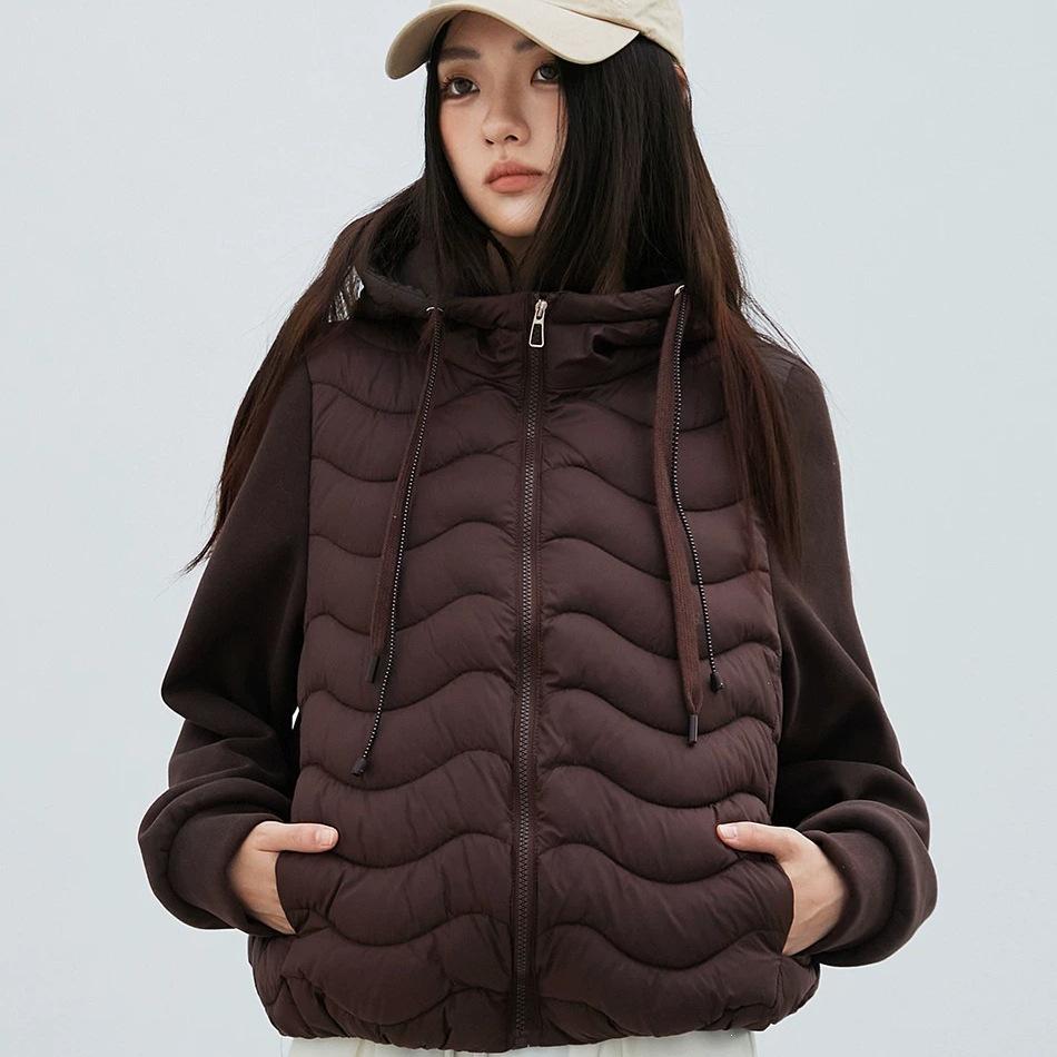Autumn and winter light and wavy cotton-padded clothes loose short casual sweater sleeves jacket splicing hooded ribs cotton-padded clothes women