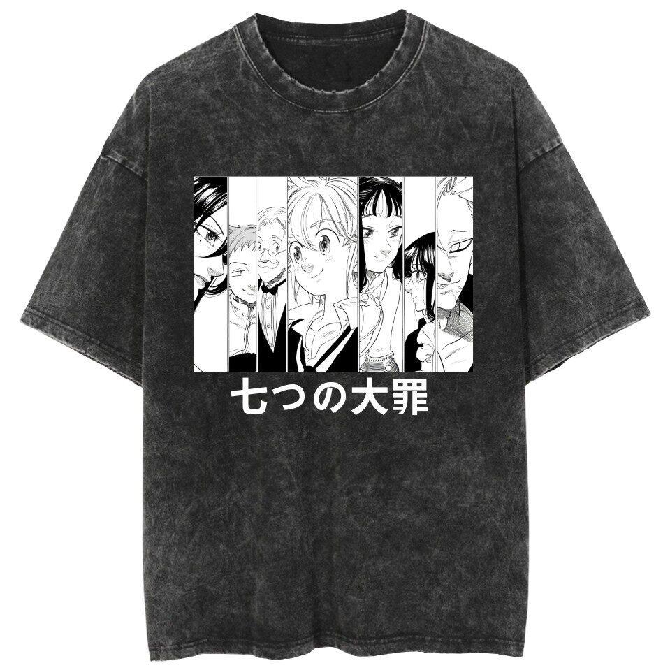 Hot Washed T-shirt "The Seven Deadly Sins" - Cartoon Loose Couple Short Sleeve Shirt