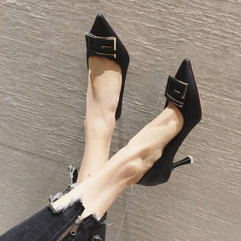 7-1 single shoes for women in autumn and winter, step on the heel square buckle pointed thin heel soft leather high heels 7.55.5 CM thick heel