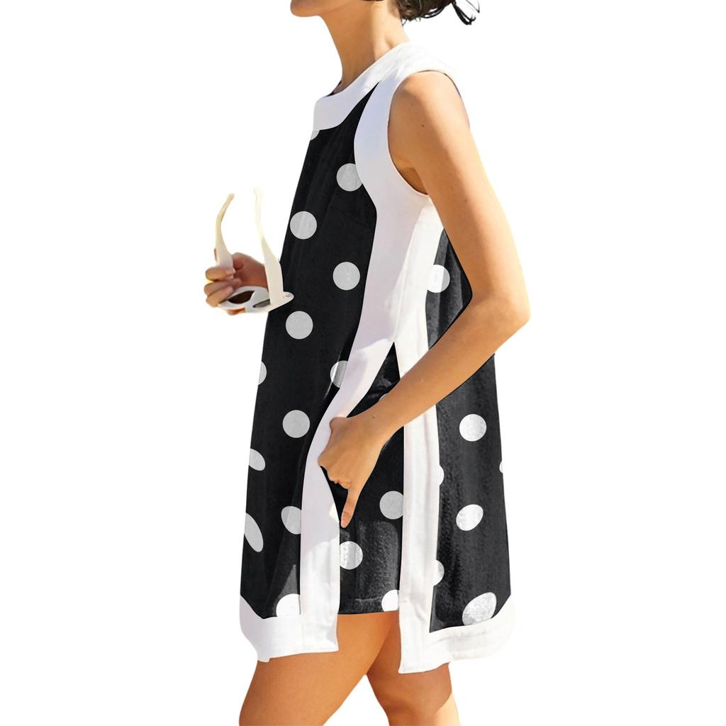Women Sleeveless Long Tunic Top with Polka Dot Print Side Slits Casual Loose Fit Summer Vacation Beachwear