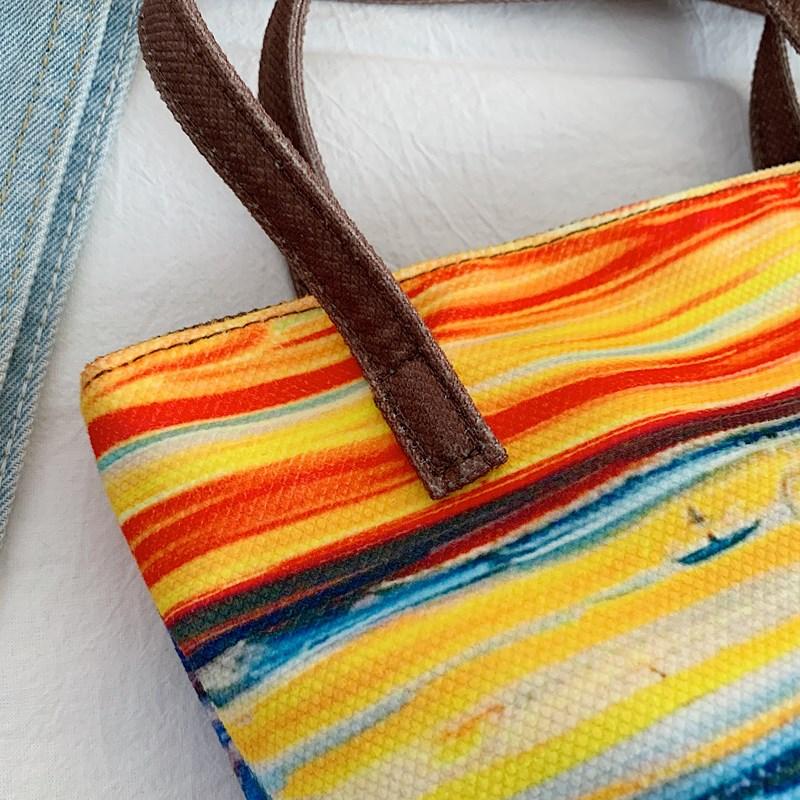 Women Handbag Lovely Cartoon Printed Bucket Bag Portable Cylinder Bag Canvas Tote Bag Students Carry Lunch Bags for Girls