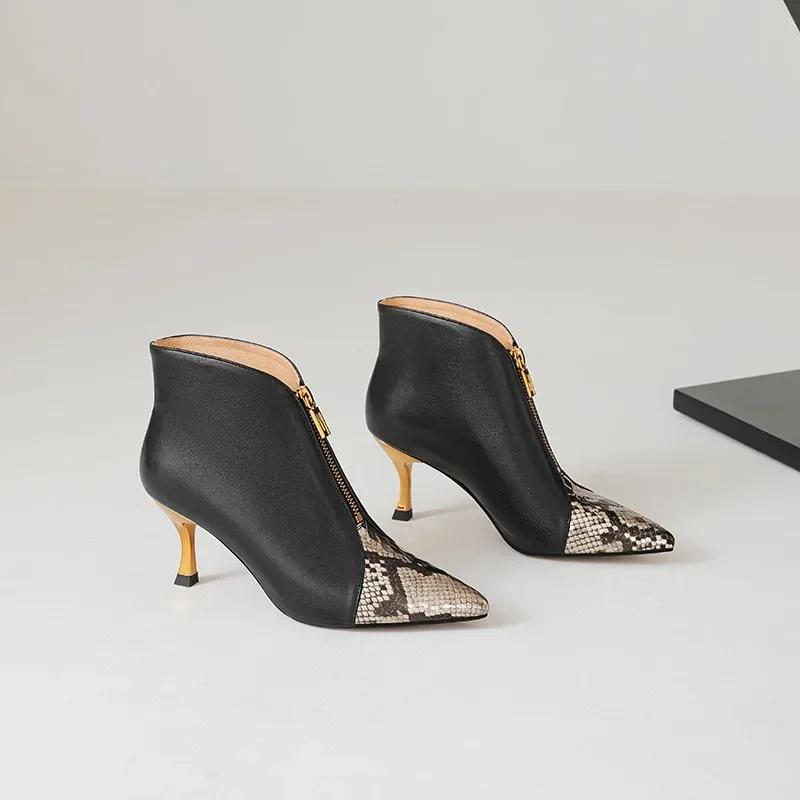 Mode Damen Schuhe 2024 Heißer Verkauf Reißverschluss Damenstiefel Herbst Spitzschuh Gemischte Farben Schlangenmuster Hohe Absätze Mode Vielseitige Stiefel