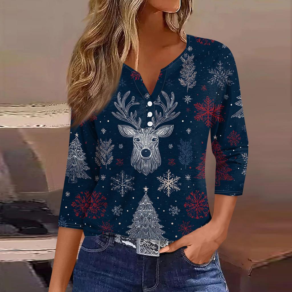 Women's Fashion Casual Halloween Printed V-Neck Short Sleeve Decorative Button Three-quarter Sleeve T-shirt Top