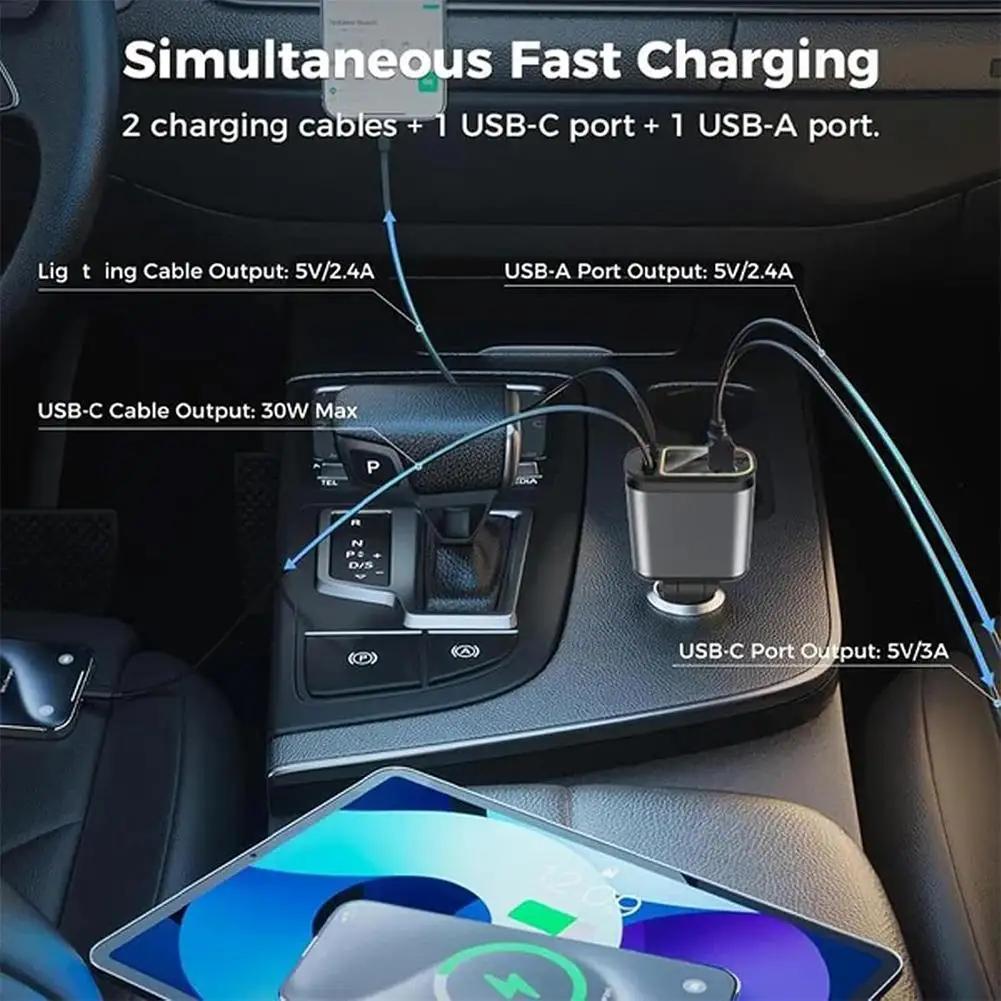 4 In 1 120W Retractable Car Charger Starlight In Car Roof,Star Night Light Type C Fast Charging Adapter,Dual Cable Car Charger