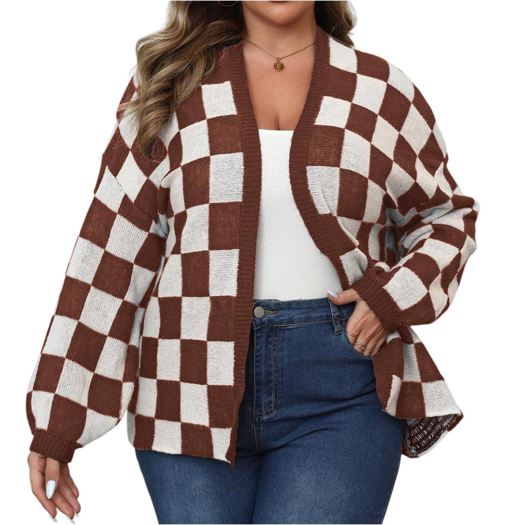 Women's Woolen Cardigan Plus Plus Women's Contrasting Color Patchwork Checkerboard Loose Casual Sweater Jacket