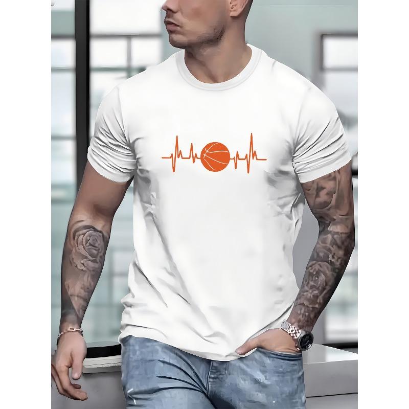Europäische Größe Basketball Herzschlag Print Kurzarm T-Shirt, Herren Freizeit Bequem Vielseitig T-Shirts Für Sommer Outdoor Geschenk