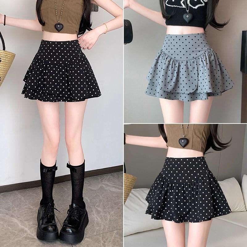 Women's Elegant Black Polka Dot A-Line Chiffon Skirt - Petite, High-Waisted, Summer Skirt Pants