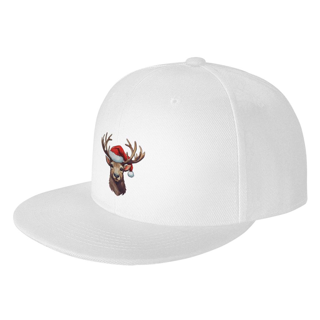Fashion Adorable Christmas Reindeer donning a Santa Claus hat Flat Brim Sun Hat Holiday Travel Cap Unisex