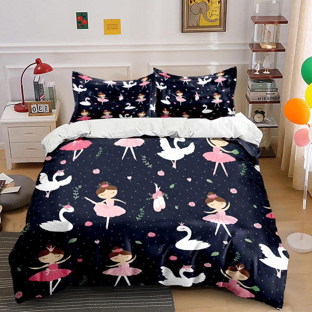 Ballet Swan Princess Pattern Bedding Duvet Cover Set (1*Duvet Cover 2*Pillowcases, without duvet insert)