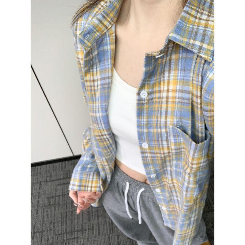 

2025 Early Spring Gingham Shirt Women s Small Shirt Outwear Early Spring Wear Shirt Fancy Hong Kong Style Retro Chic Tops Yellow Blue Check L