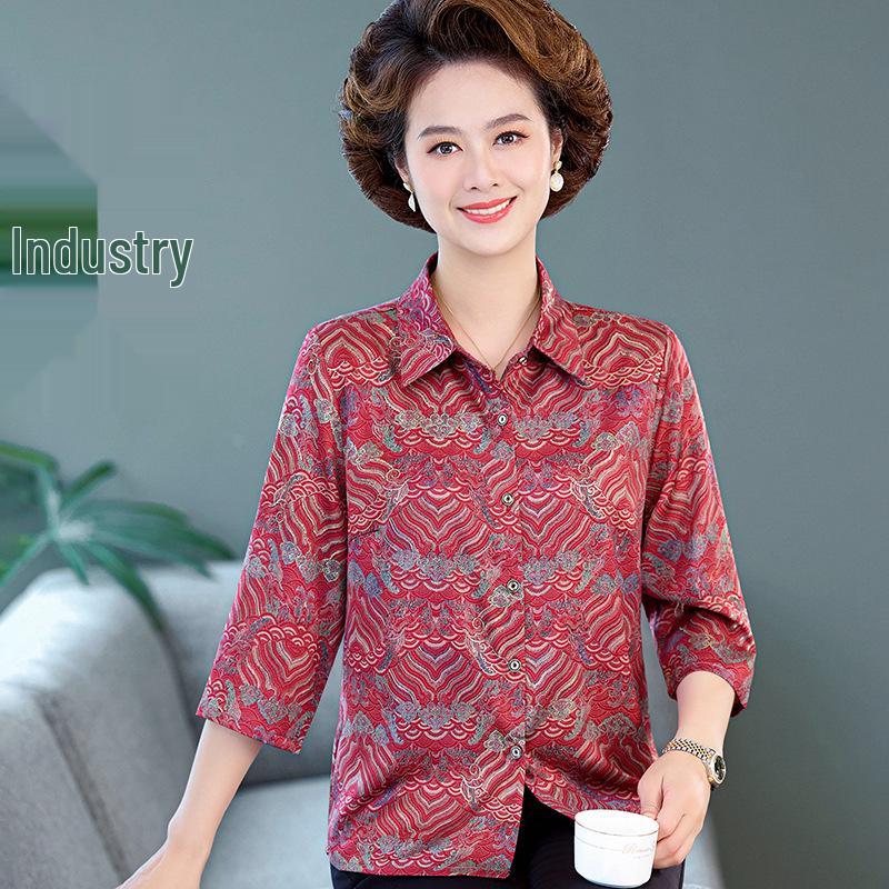 

Mom s Summer Silk Long-Sleeved T-Shirt for Middle-Aged and Elderly Women L (80-100 jin) красный