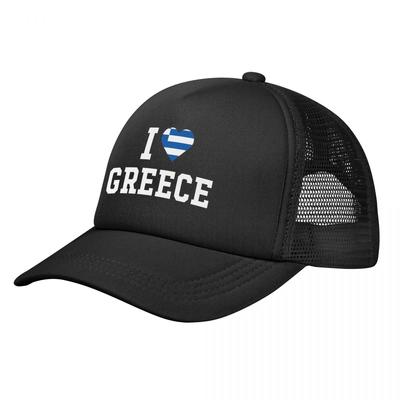 I Love Griechenland-Flagge, Baseballkappe für Unisex und Damen, große Snapback-Trucker-Hüte, verstellbare Unisex-Angel-Mützen mit Netzrücken