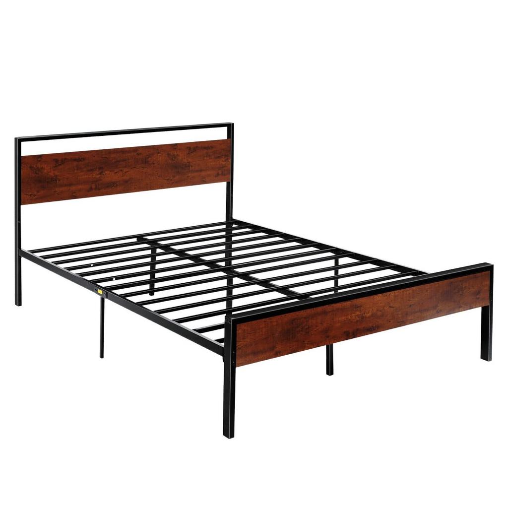 Queen Size Bed Frame, 35 cm Black Metal Platform Bed Frame with Retro Brown Wooden Headboard and Footboard, Large Under-Bed Storage, Non-Slip Without