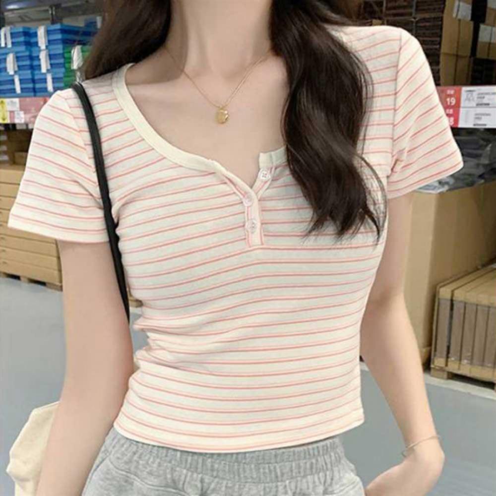 New Arrivals Open Run Women Color Block STripe Cropped T shirT