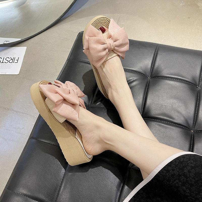 Fashion Woman Slippers High Up To 5cm Heel Shoes for Women With Bow Outside Slides Top Designs Original Elegant and Fashionable Sandals