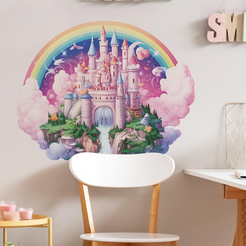 Cartoon Dream Castle Rainbow Wall Sticker Self-Adhesive for Kids Bedroom Study Room Home Decoration