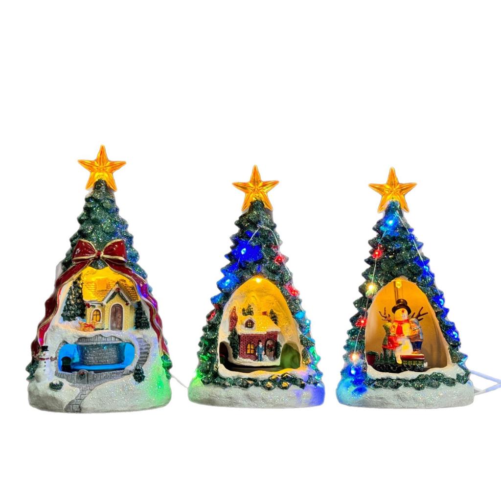 Juldekorationer, glödande musik, julgransbordsdekorationer, snöhusspeldosor, julklappar