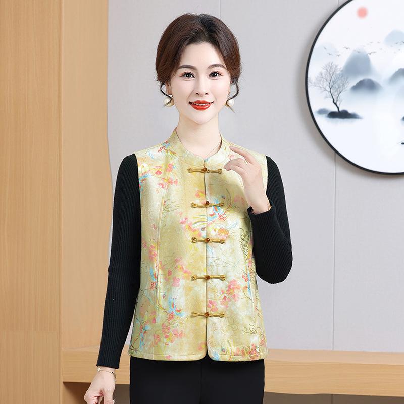 

New Autumn Vest with Frog Button for Middle-aged Women - Chinese Style Print, Thin National Shawl 2XL (for 105-120 jin)