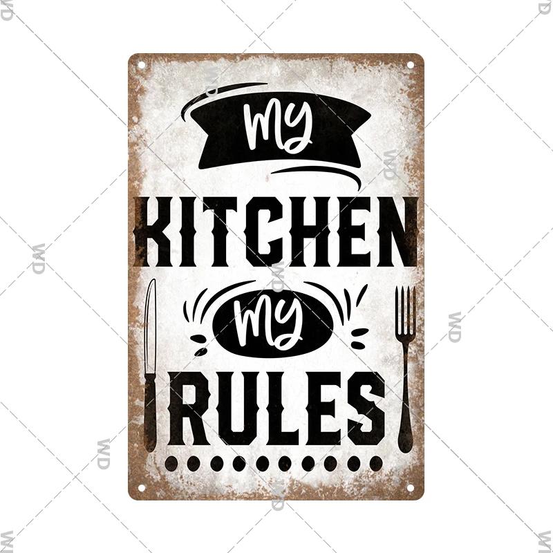 Retro Plåtskylt Köksregler Mat Järnmålning Väggkonst Metall Vintage Plakett Metallaffischer för Hus Hem Matsal Dekor