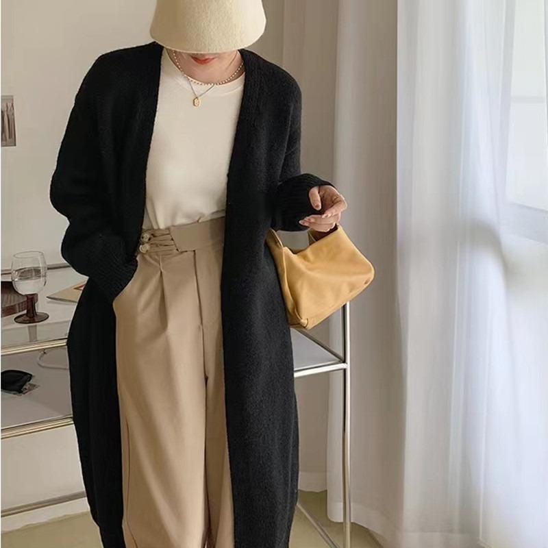 Autumn Winter Knitted Cardigan Women Medium and Long Sweater Jacket Gentle Loose Simple V Neck Cardigans Solid Color Office Coats Long Sleeve Clothing