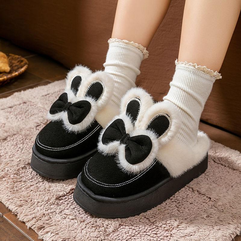 Bow Cotton Slippers Ladies Winter 2025 New Home Fleece Warm Muffin Thick Bottom Cotton Mop