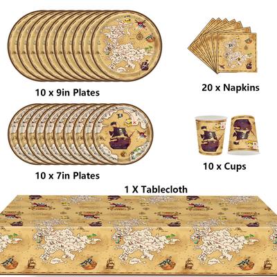 51pcs Pirate Tableware Set Include Paper Plates Cups Napkins Tablecover 10 Guest