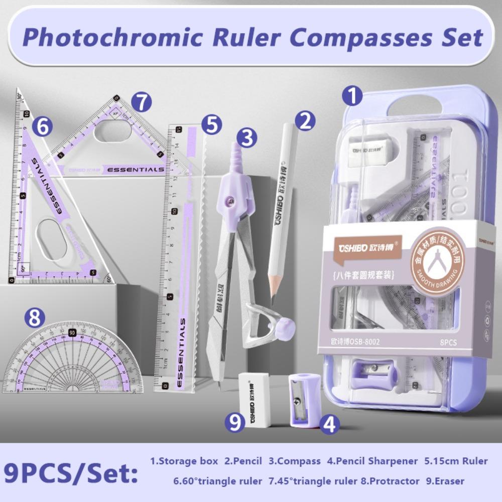 

9PCS/Set Plastic Ruler Compasses Set Photochromic Protractor Stationery Ruler Set School Office Set B 04