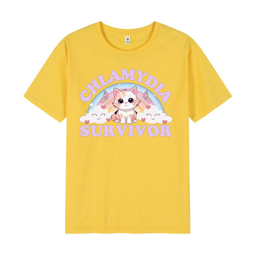 Chlamydien Überlebender T-Shirt Lustiges Katzen-Meme 100% Baumwolle T-Shirt Unisex Wounisex Locker Lässig Rundhals Unisex Einfache T-Shirts Übergroßes Oberteil
