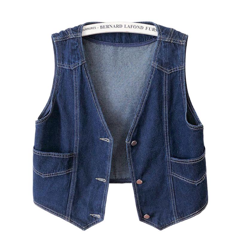 Women's European Retro V-Neck Dark Blue Denim Vest - Spring/Autumn 2025 Sleeveless Loose-Fit Outerwear
