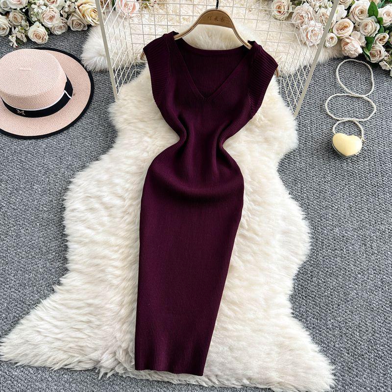 

Sexy V-neck Vest Skirt Women New Fashion Sleeveless Mid-Length Stretch Tight Slimming Knitted Sheath Dress Dark purple All yards