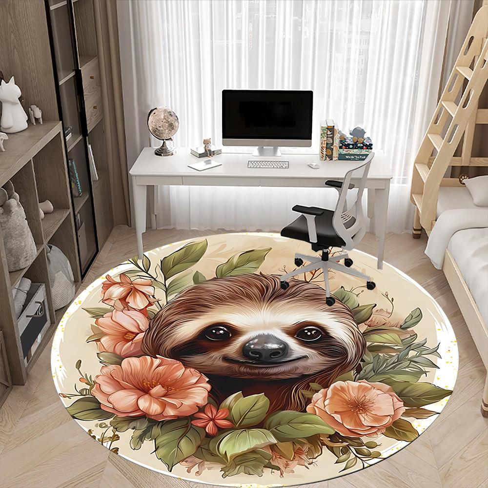 1pc Sloth Floral Print Carpet for Office Non-Slip, Round Carpet, Soft & Comfortable, Carpet for Office, Lightweight Round Floor Mat